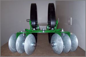 rear view of disc cultivator on double wheel hoe