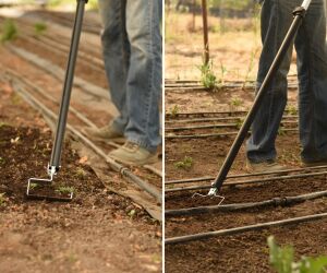Hoe with both wire weeder and stirrup hoe heads